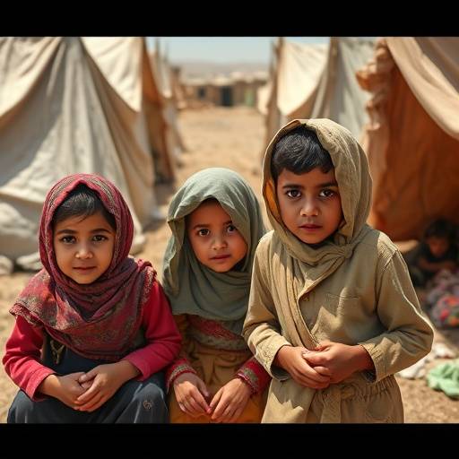 Bambini yemeniti che vivono in un campo profughi, con tende e condizioni di vita precarie