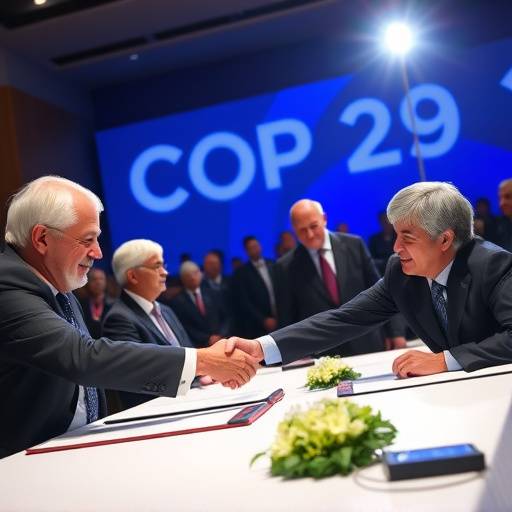 Delegati alla COP29 che si stringono la mano dopo la firma dell'accordo