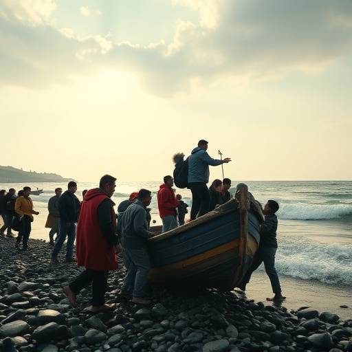 Un gruppo di immigrati che sbarcano su una spiaggia italiana